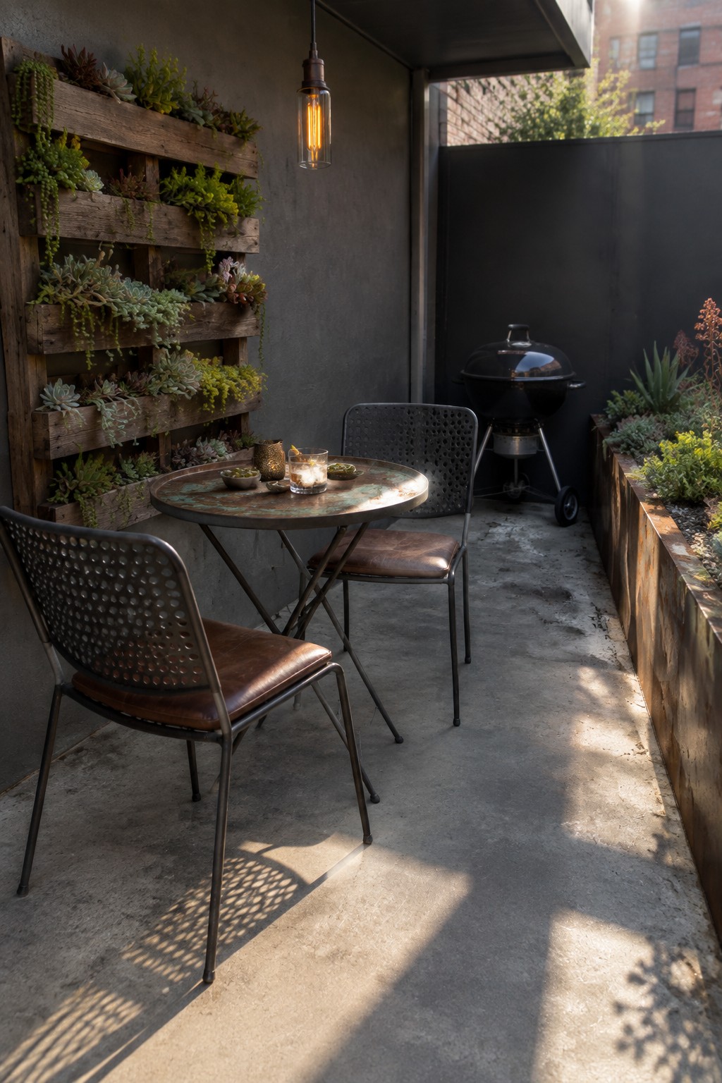 Round metal table with two chairs on patio beside succulent wall and grill