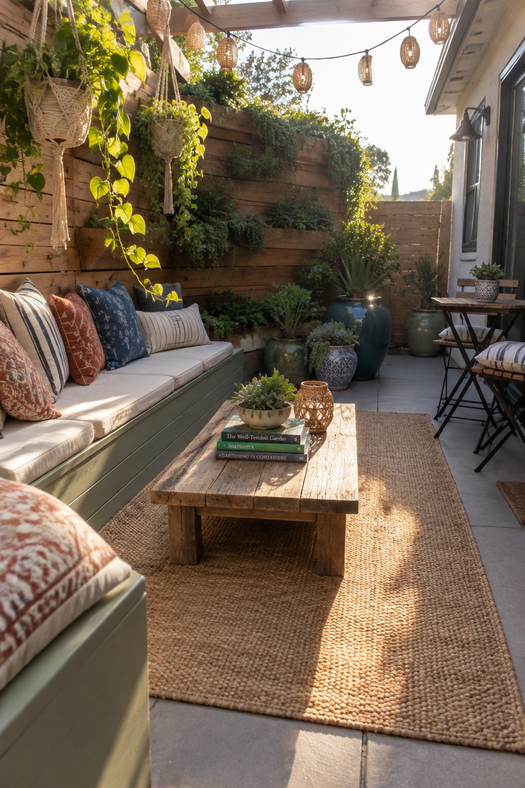 A small outdoor patio with a built-in green bench lined with cushions, a low wooden table on a woven rug, potted plants, and string lights overhead.