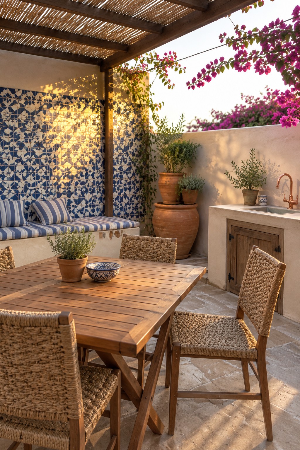 A small outdoor patio with a wooden dining table, woven chairs, a built-in bench with blue and white tiles and striped cushions, potted plants, and a sink area along a stucco wall.