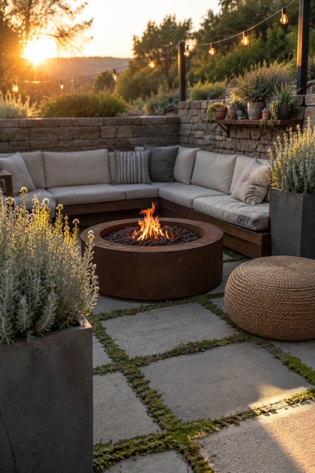 A round metal fire pit sits at the center of a small patio, surrounded by an L-shaped sectional sofa with cushions, potted plants, a woven ottoman, and stone pavers with moss between them.