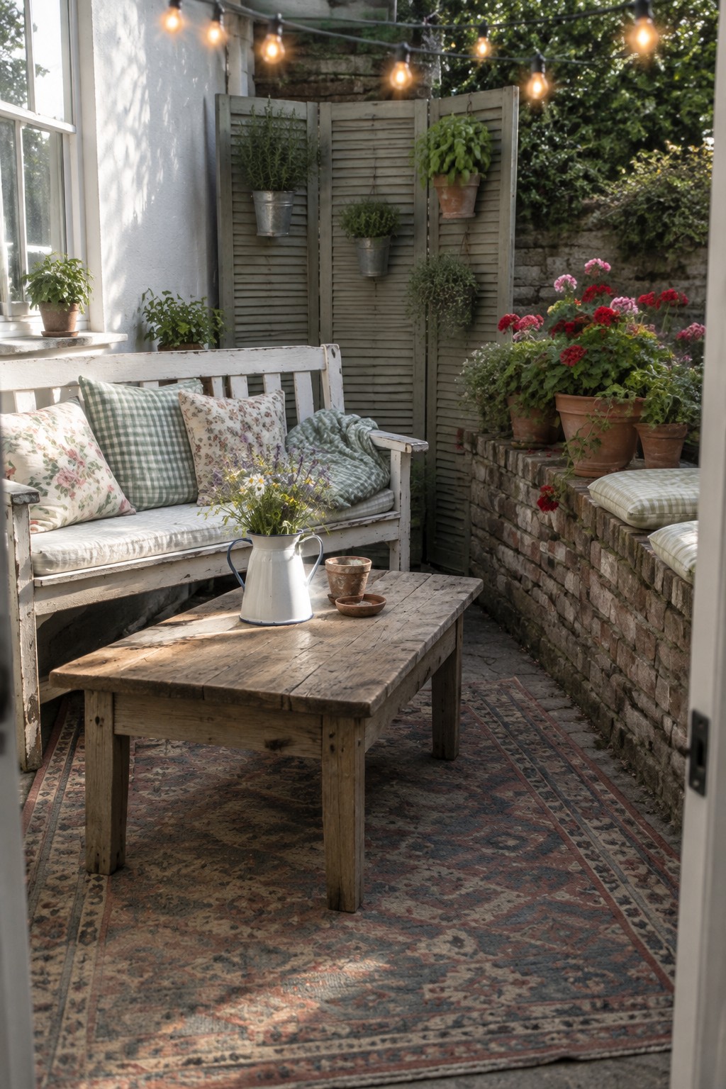 A small outdoor patio featuring a white wooden bench with cushions, a rustic coffee table on a large patterned rug, potted plants along a brick wall, and string lights overhead.