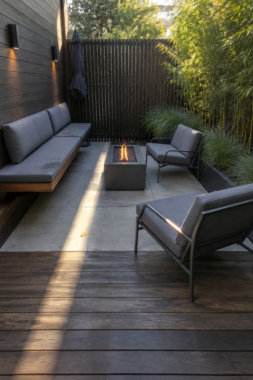A small patio with a built-in bench along a dark wood wall, a square concrete fire pit in the center, gray upholstered chairs, and a mix of concrete and wood decking bordered by plants and fencing.