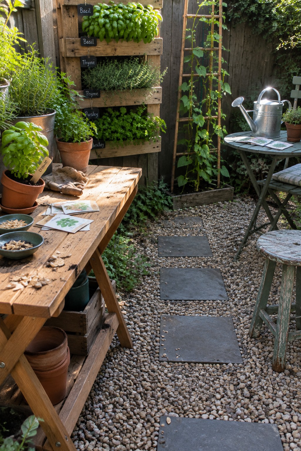 Wooden garden table with potted herbs beside labeled pallet planter on gravel path