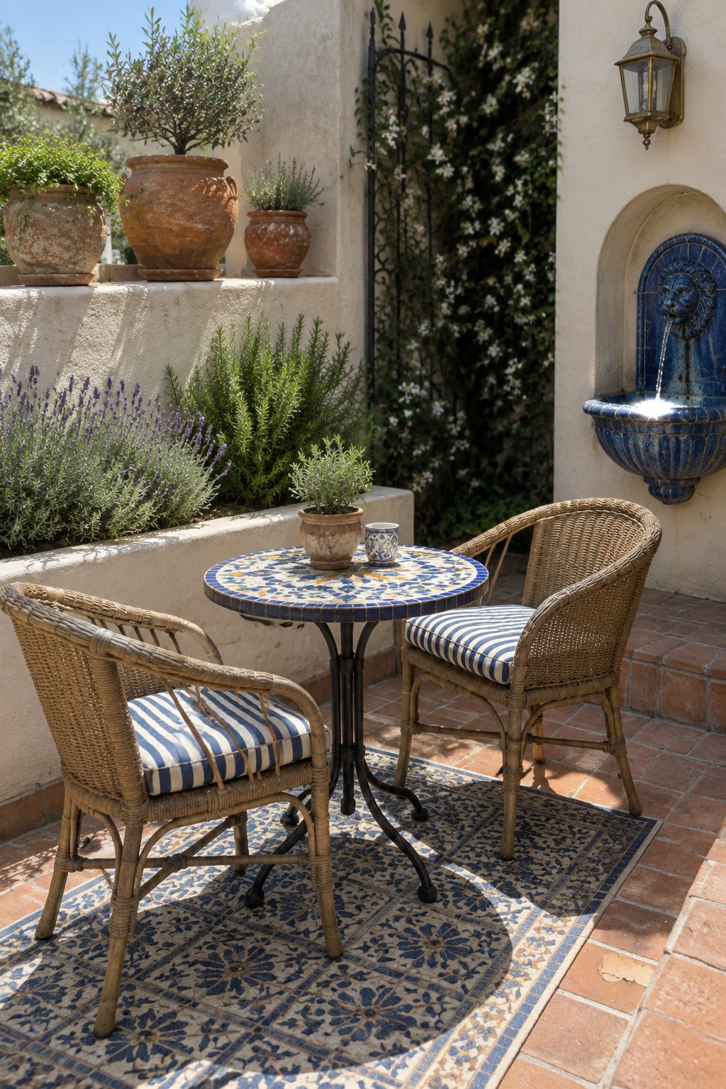 A small patio with two wicker chairs and a round mosaic tile table arranged on a large blue and white patterned rug, surrounded by potted plants and a blue tiled fountain on a stucco wall.