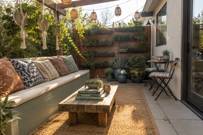 17 Creative Small Patio Decorating Ideas That Make Every Inch Count A small outdoor patio with a built-in green bench lined with cushions, a low wooden table on a woven rug, potted plants, and string lights overhead.