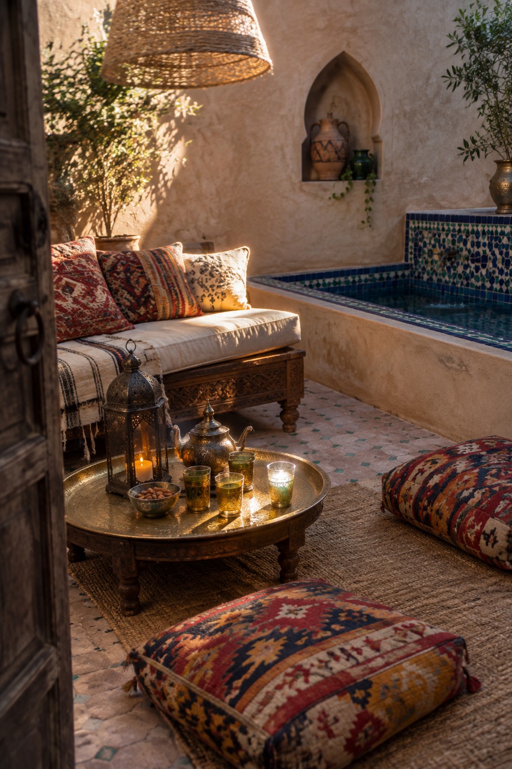 A small outdoor courtyard patio featuring a low carved wooden bench with red patterned cushions, a round brass tray table holding a metal teapot, glasses, a bowl of nuts, and a lit lantern, plus additional floor cushions on a woven rug and a small tiled pool in the background.