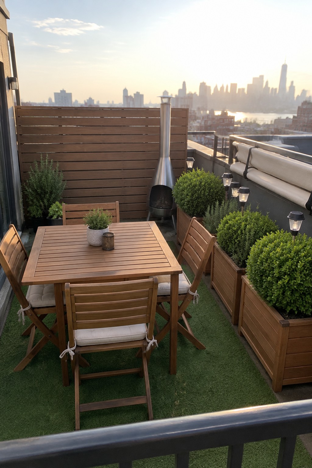 A rooftop patio with a wooden dining table and four chairs on green turf, flanked by rectangular wooden planters holding green shrubs and a metal chimney fire pit in the background.
