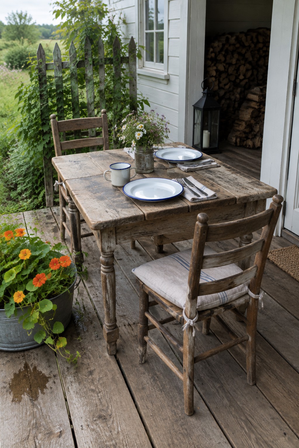 A weathered wooden dining table set with enamelware plates and cutlery on a wooden deck, flanked by two rustic chairs, with a metal bucket of orange flowers and a black lantern nearby.