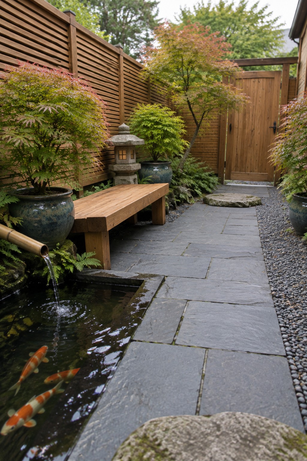 A narrow stone path runs beside a small koi pond with orange fish, flanked by potted trees, a wooden bench, and a bamboo water spout in a fenced garden.