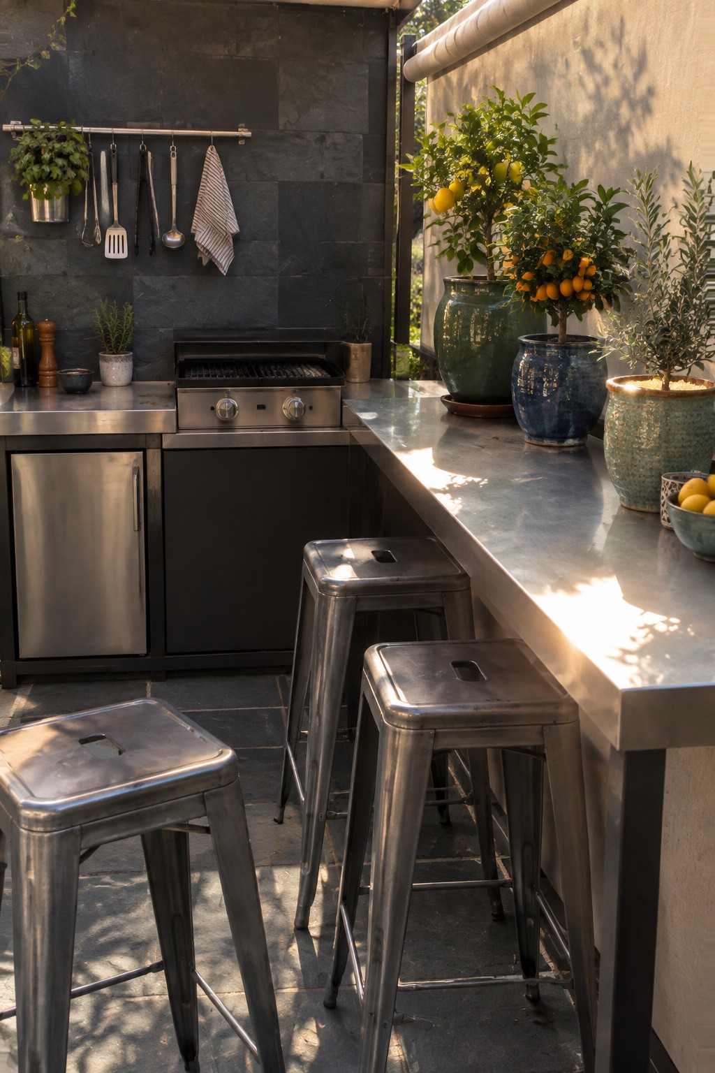 An outdoor kitchen with a stainless steel counter, four metal stools, a built-in grill, and several potted citrus trees on a stone patio.