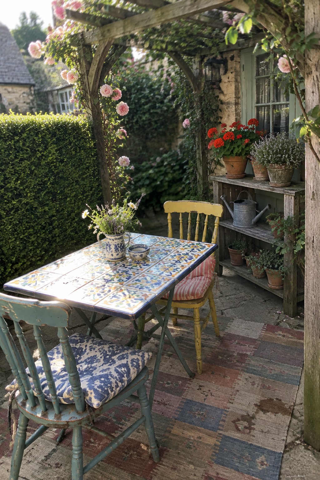 A small outdoor patio with a square table covered in blue, yellow, and white patterned tiles, two painted wooden chairs with cushions, a patchwork rug, and potted plants under a wooden pergola with climbing roses.