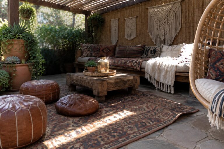 Cozy bohemian patio with daybed, leather poufs, macrame hangings, and hanging chair on rug