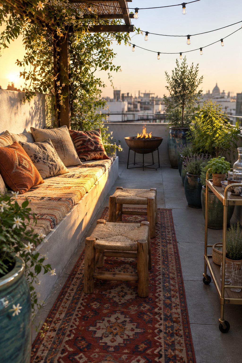 A rooftop patio at sunset features a built-in bench with patterned pillows, two low wooden stools on a red runner rug, a fire pit, potted plants, and string lights over the city skyline.
