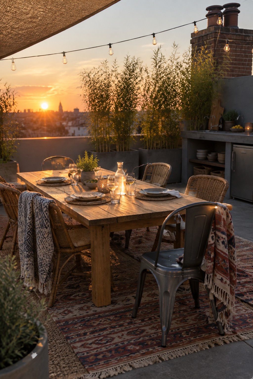 A wooden dining table on a rooftop terrace with layered patterned rugs underneath, mixed seating including wicker and metal chairs, string lights overhead, and potted plants at sunset.