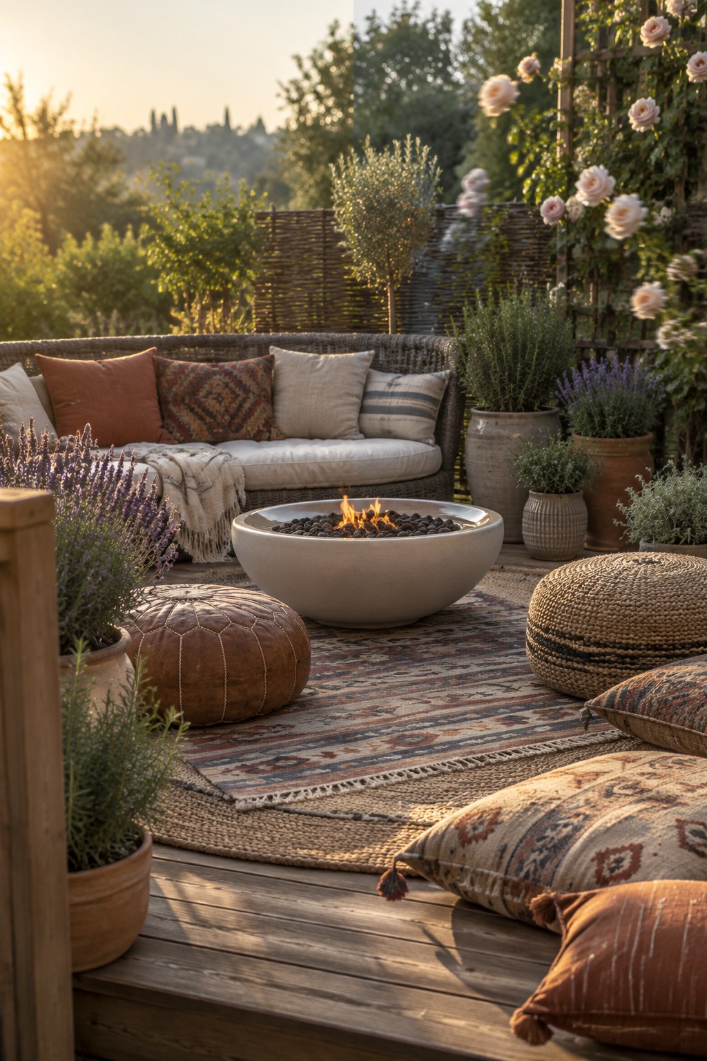 A wooden deck patio features a round concrete fire pit centered on layered patterned rugs, surrounded by a curved wicker sofa with assorted pillows, leather and woven poufs, and several potted plants and shrubs.