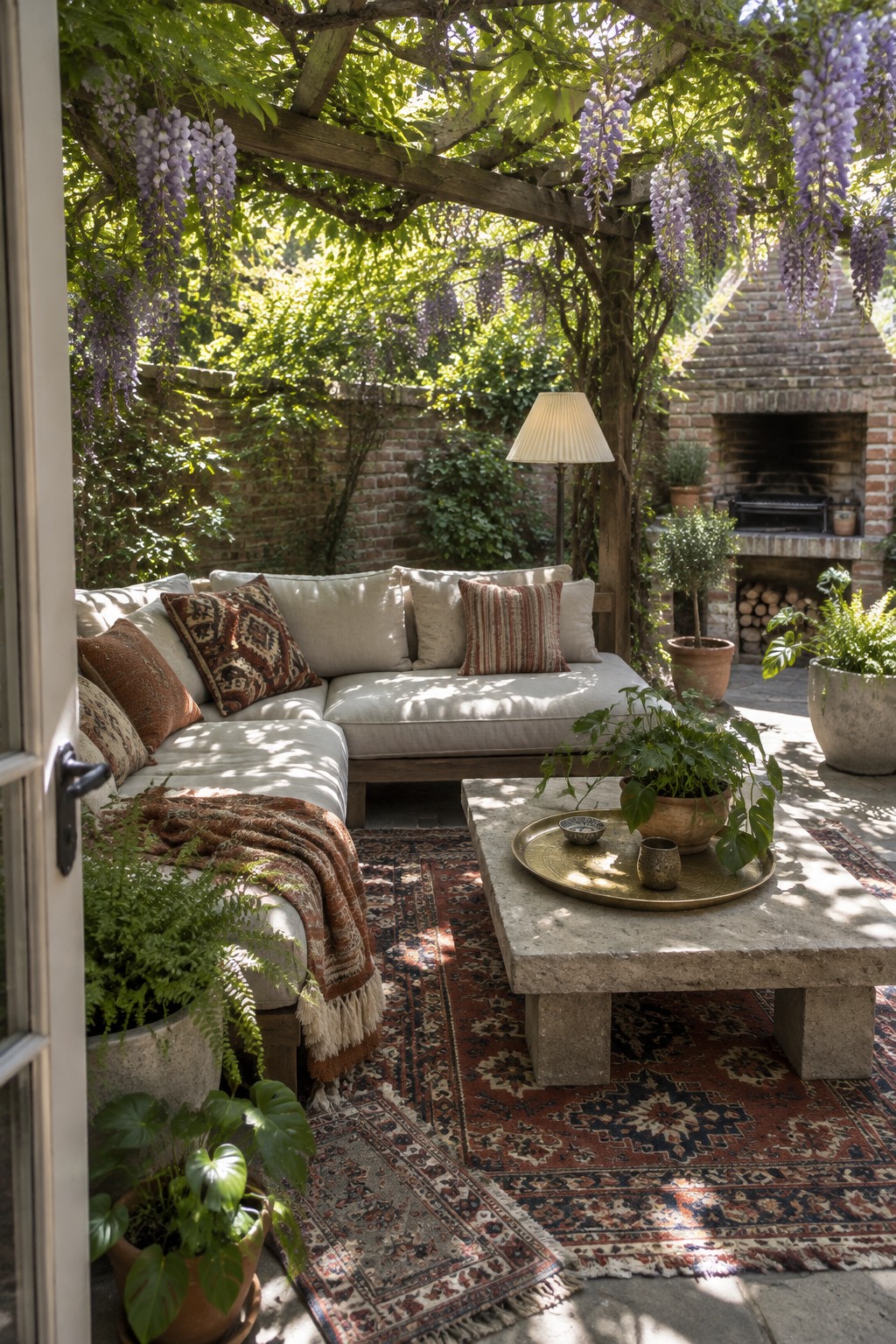 Cozy patio with L-shaped sofa, stone table, layered rugs, and wisteria-covered pergola