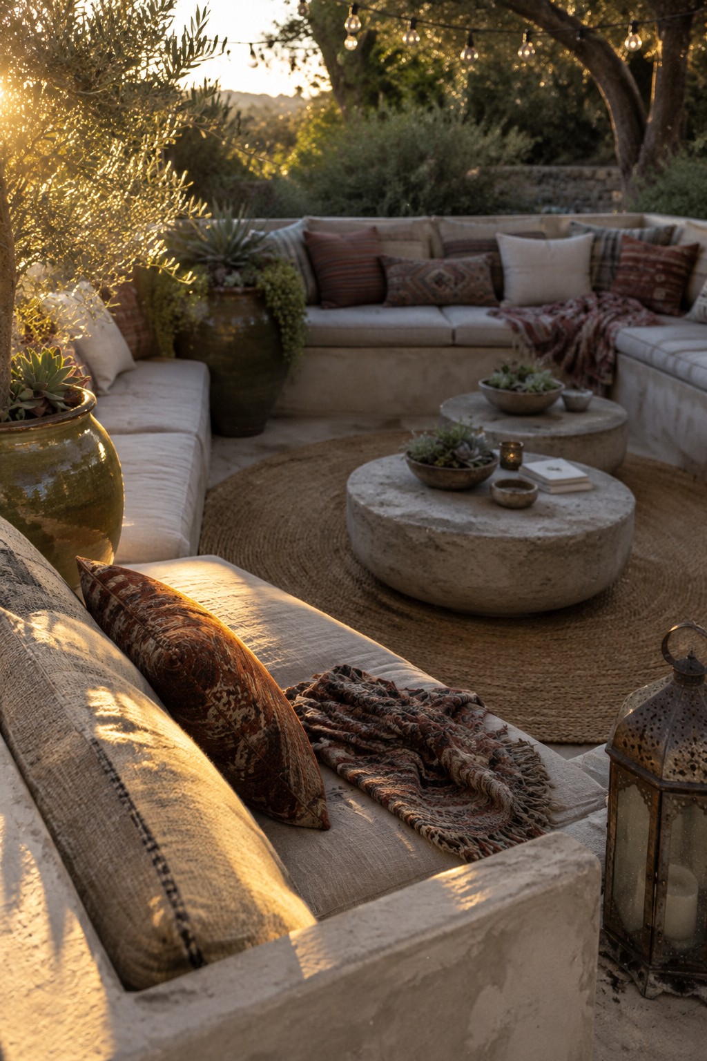 Cozy boho patio with concrete sofas, patterned pillows, round stone tables, and string lights at sunset