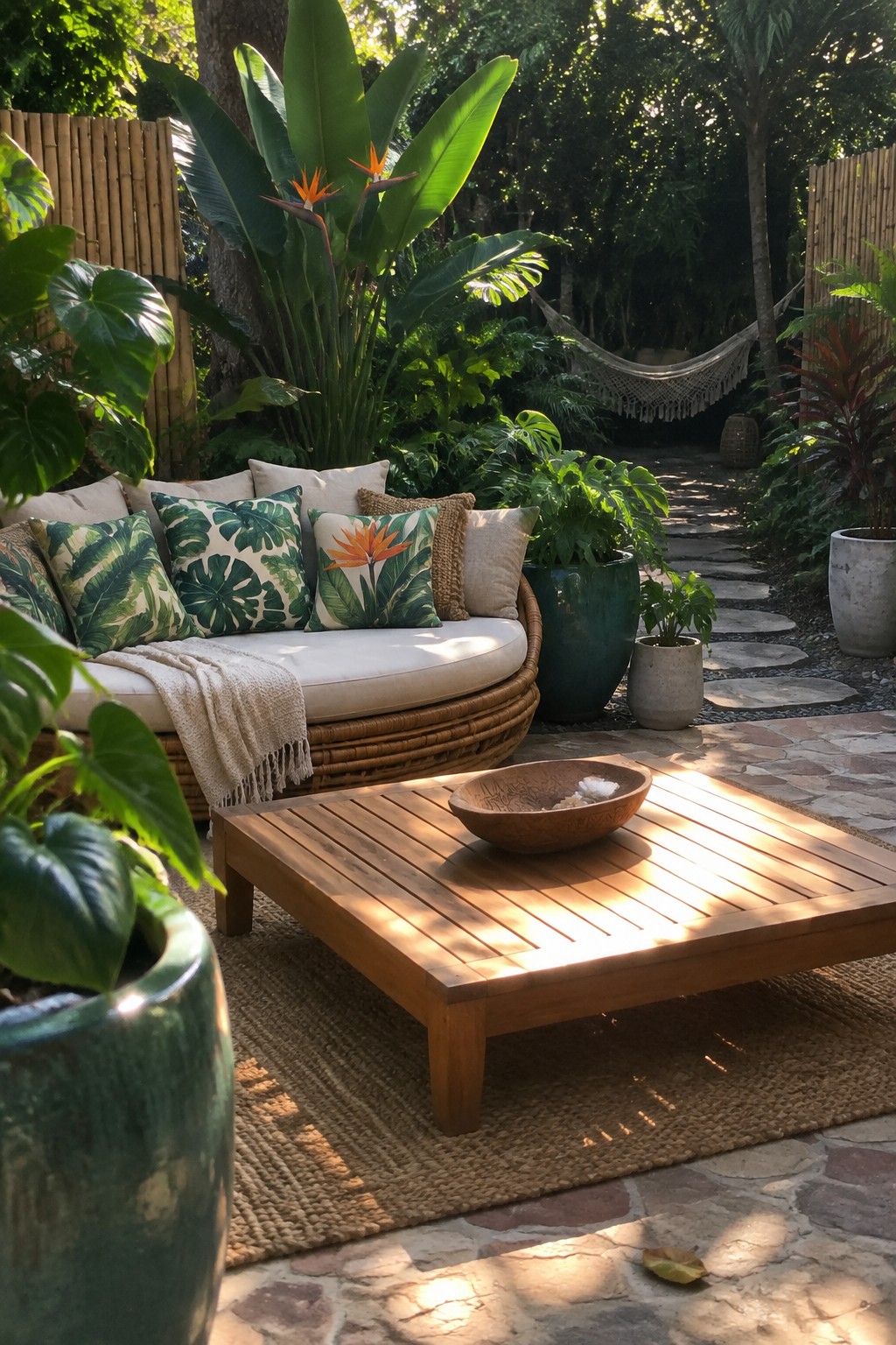 Tropical patio with round wicker daybed, wooden table, lush plants, and stone path.