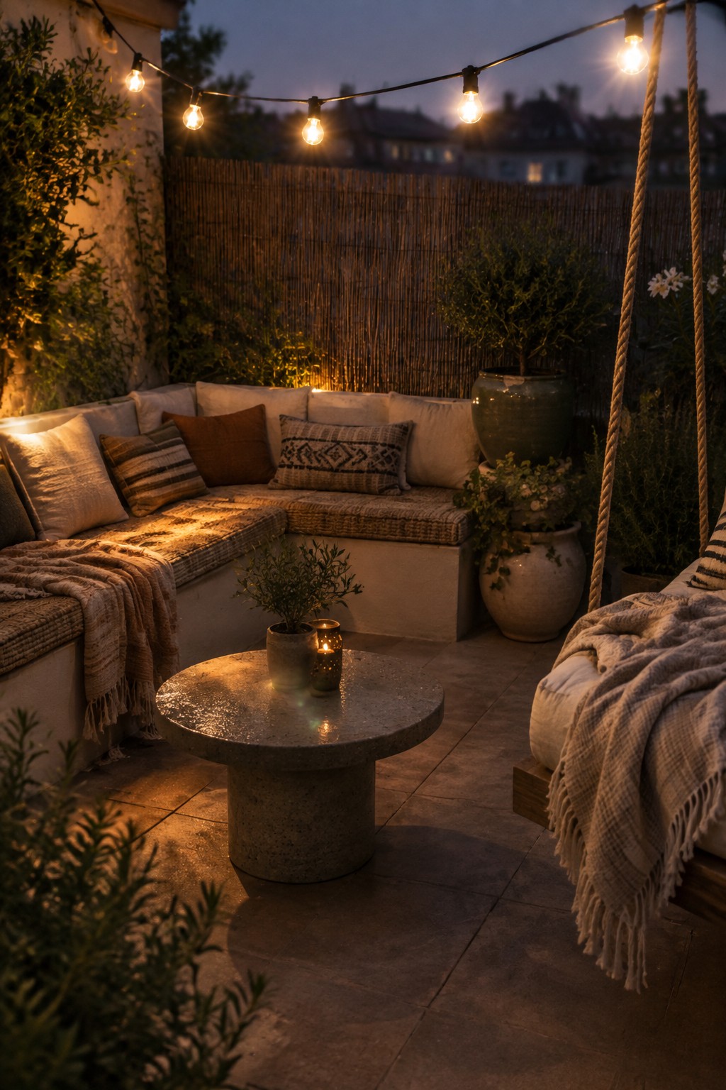 A boho-style patio at dusk with a built-in corner bench covered in layered pillows and throws, a round concrete table holding small plants and a candle, string lights overhead, and potted plants along a reed fence.