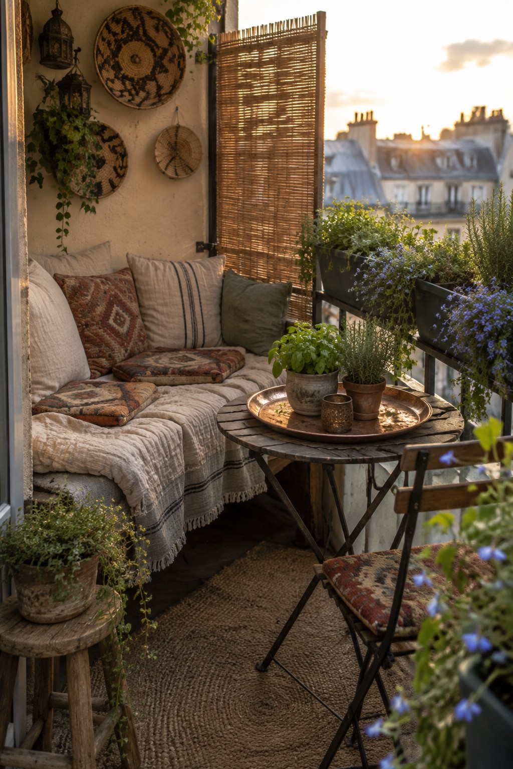 A small balcony with a cushioned bench covered in layered pillows and a woven throw, a round wooden table holding potted plants, and more planters along the railing overlooking rooftops at sunset.
