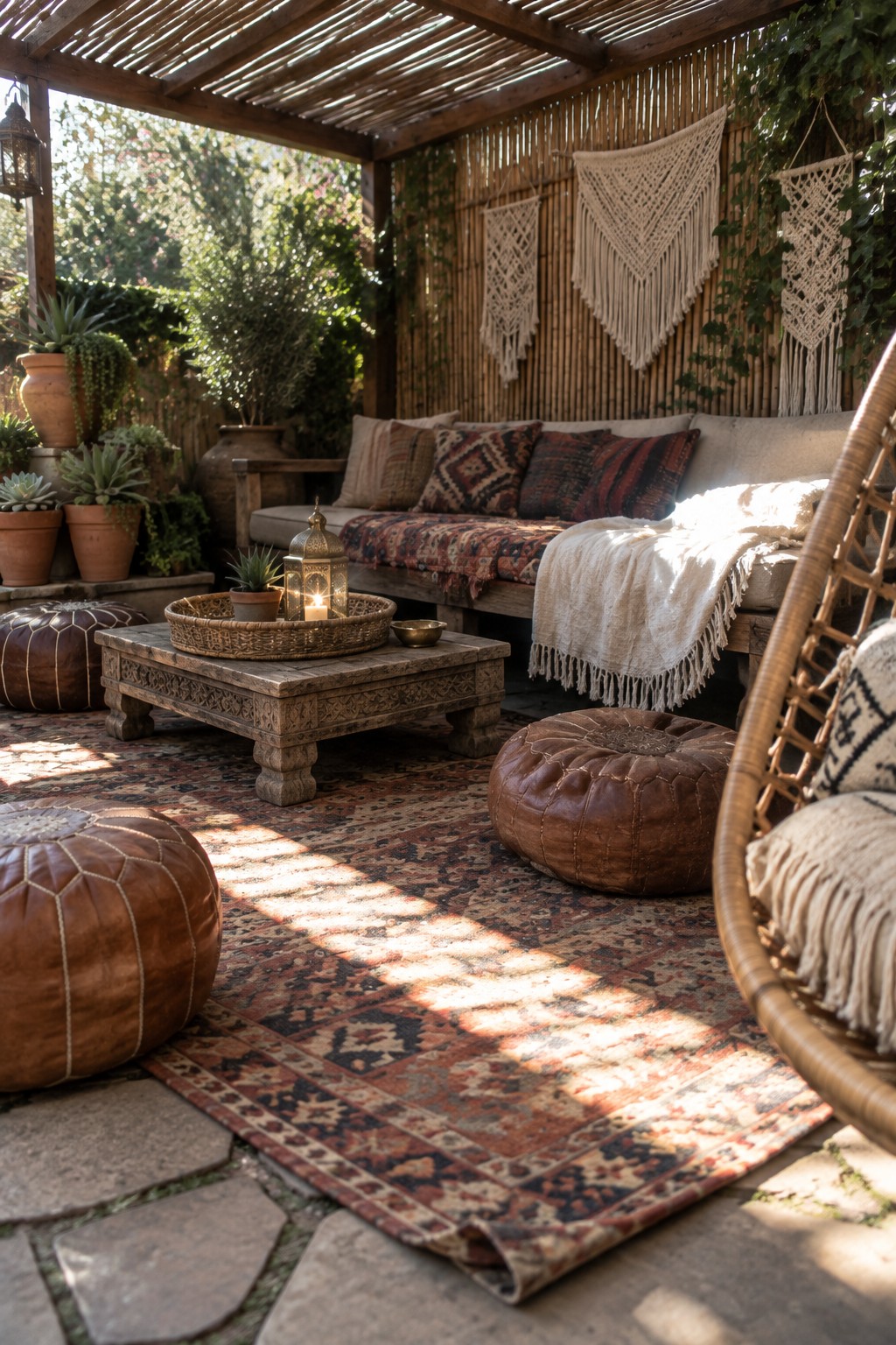 Cozy bohemian patio with daybed, leather poufs, macrame hangings, and hanging chair on rug