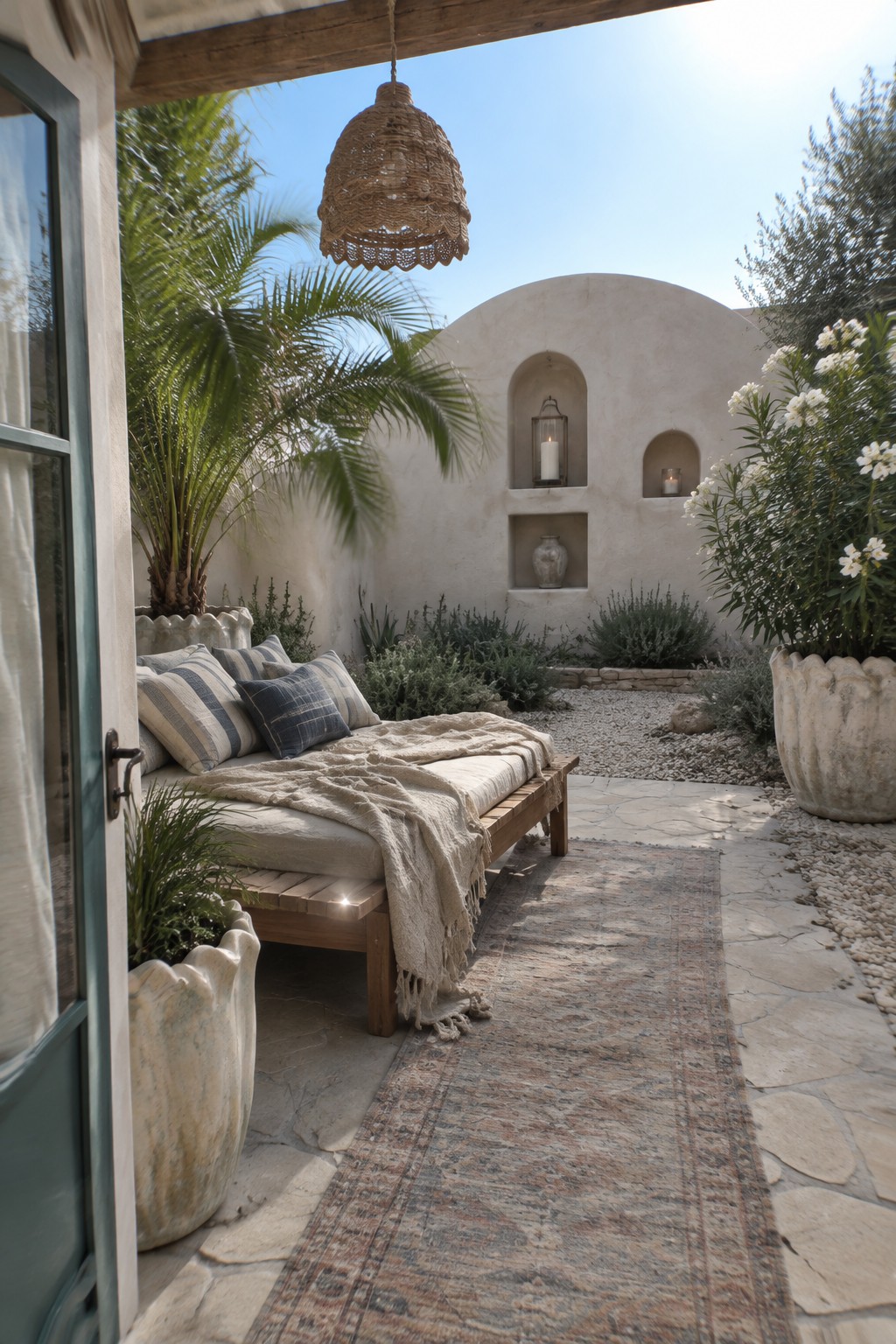 Sunlit patio with wooden daybed, woven pendant light, rug, and potted plants