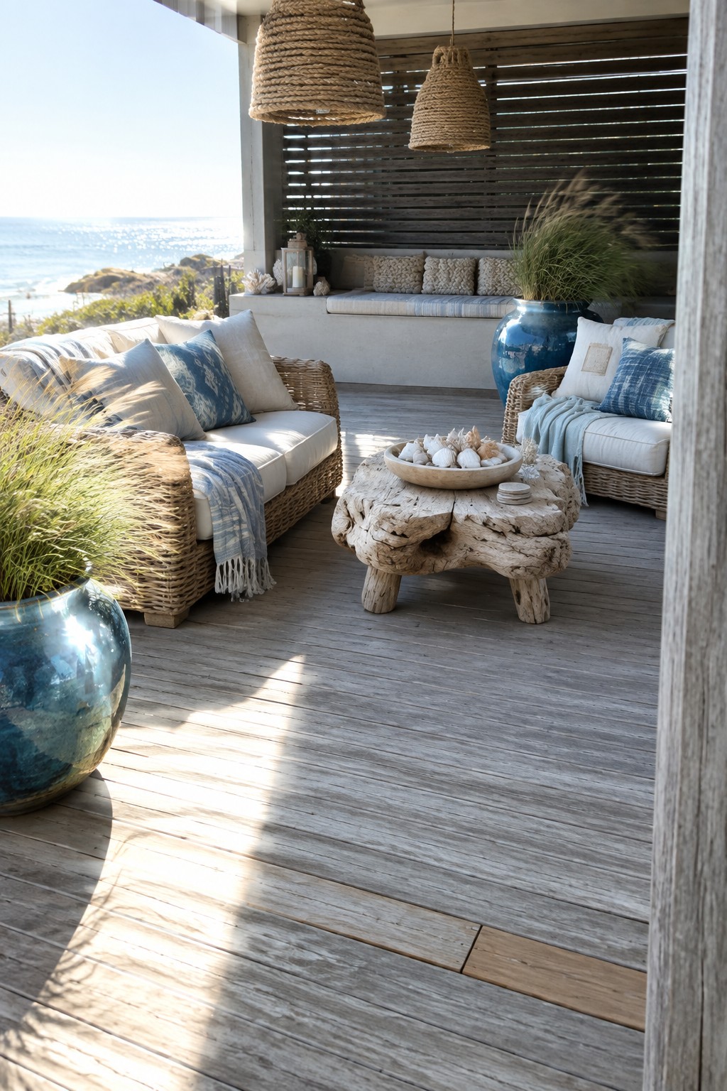 Outdoor patio with two wicker sofas, white cushions, blue patterned pillows and throws, a large driftwood coffee table, and blue ceramic pots on a wooden deck overlooking the ocean.