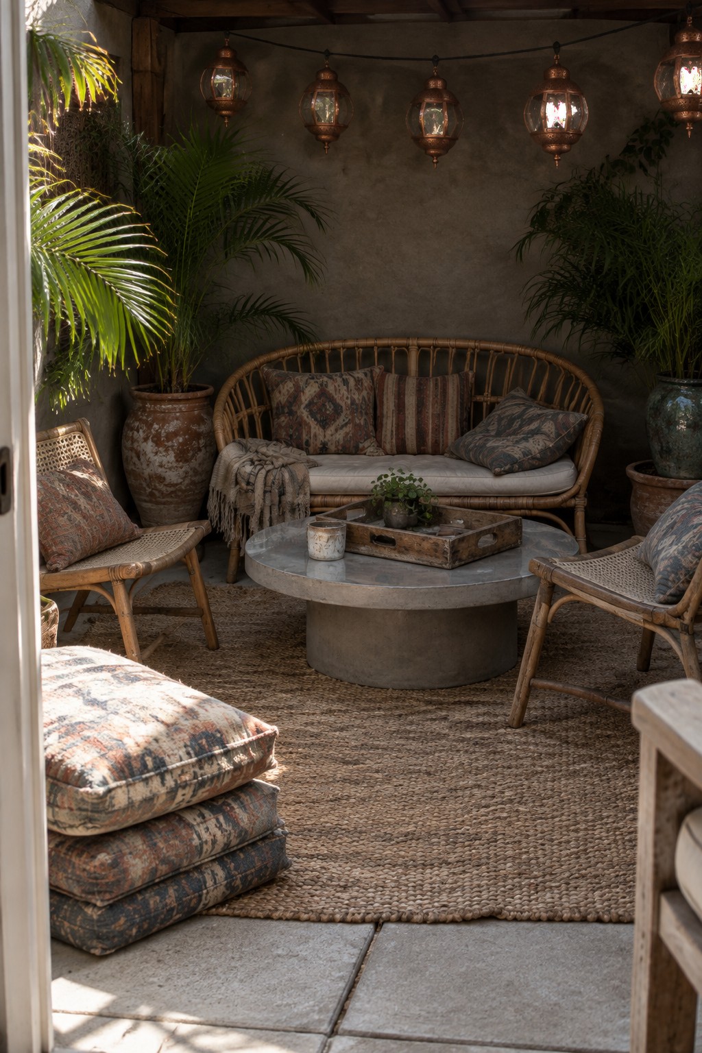 A boho-style outdoor patio with a round rattan sofa, two wooden armchairs, a round concrete coffee table, woven rug, stacked floor cushions, potted palms, and hanging lanterns against a stucco wall.
