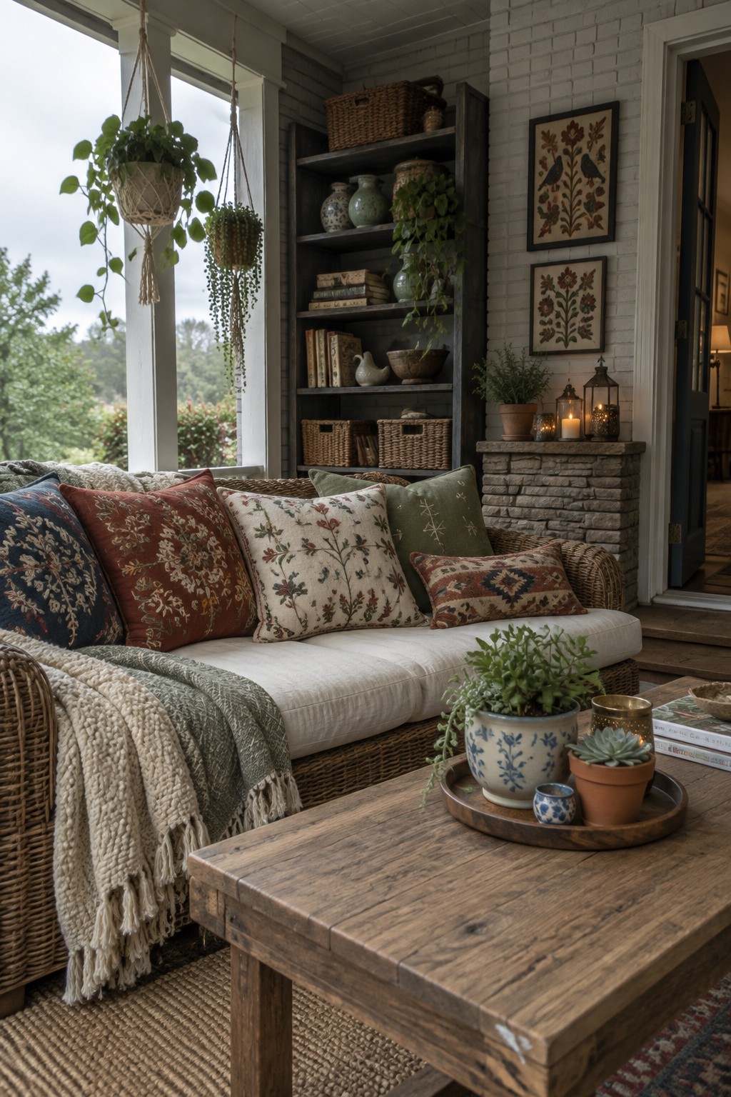 Cozy rustic porch with wicker sofa, floral pillows, wooden table, hanging plants, and shelves.