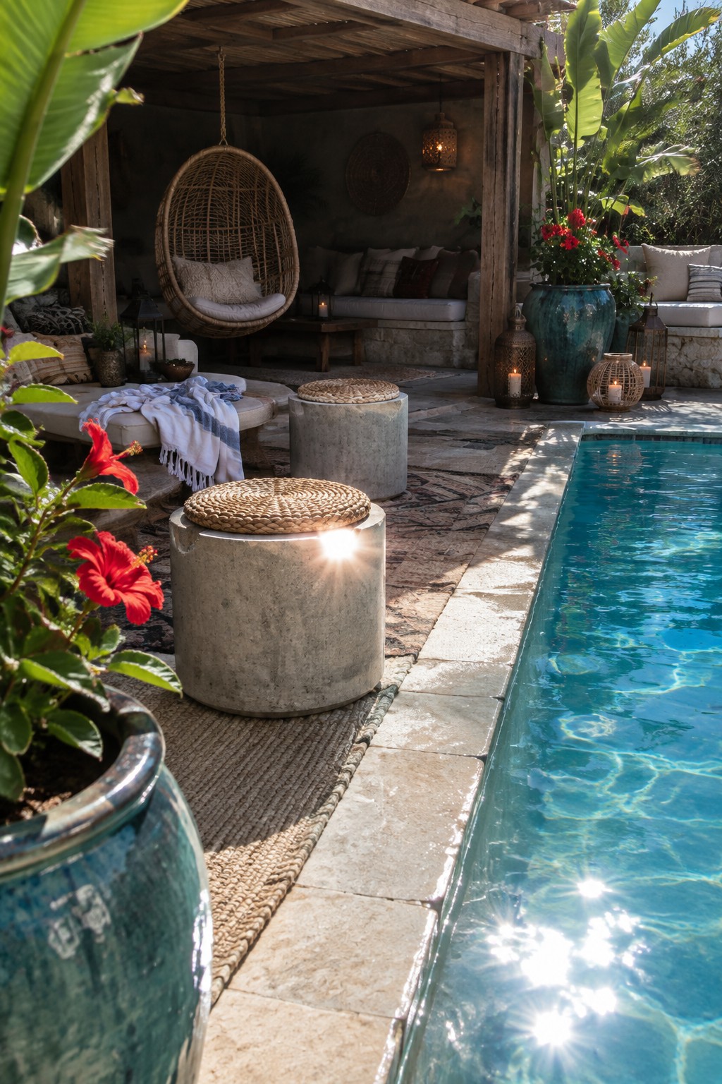 Luxurious stone patio beside pool with hanging wicker chair, concrete stools, and red hibiscus.