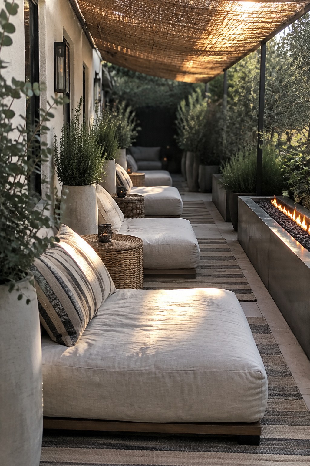 A covered outdoor patio with a row of white upholstered chaise lounges, striped pillows, woven side tables, potted plants, striped rugs, and a long concrete fire pit with flames.