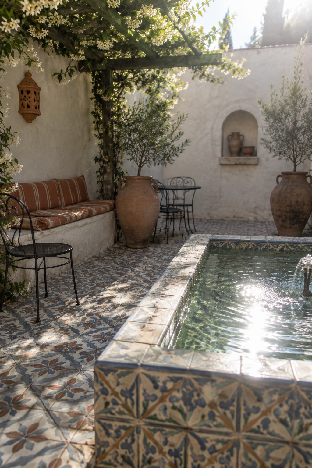 Sunlit Mediterranean courtyard with tiled fountain, patterned floor, terracotta pots, and flowering pergola.