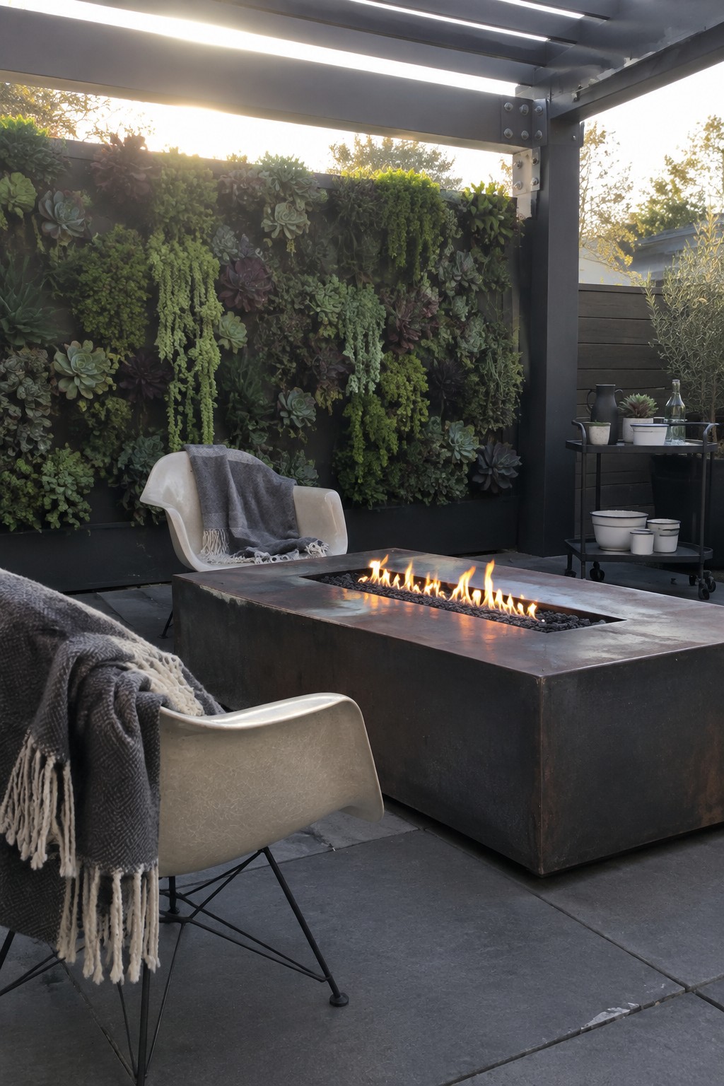 Modern outdoor fire pit with flames, white chairs, and lush succulent wall