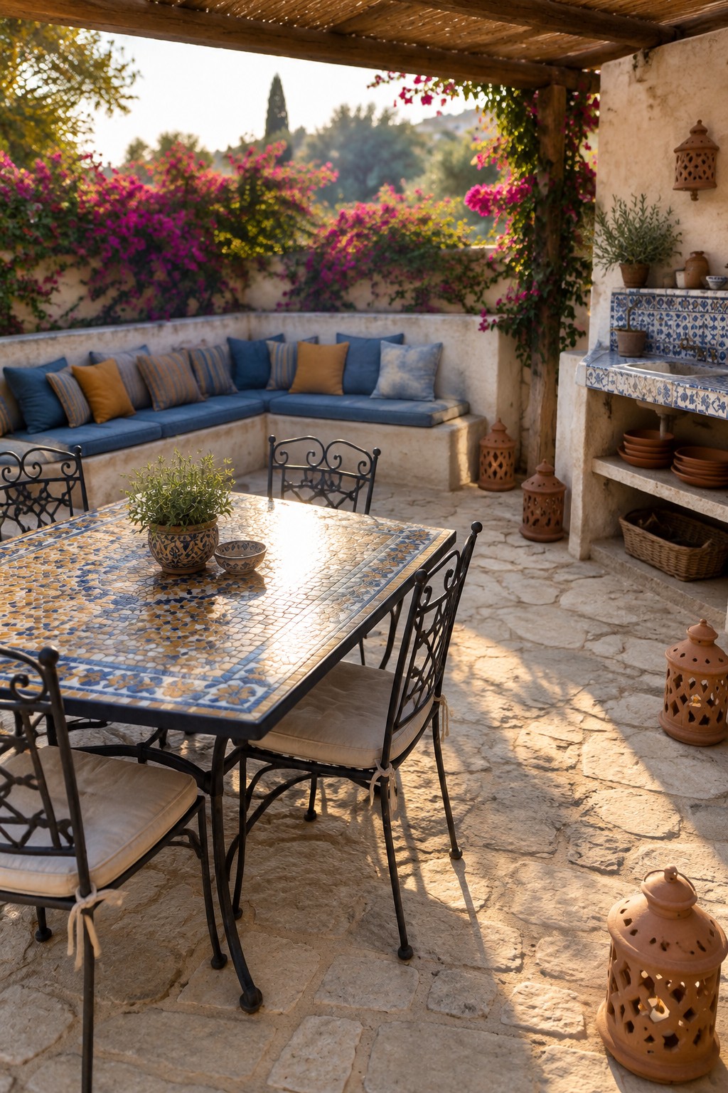 Rustic patio with mosaic table, black chairs, blue cushions, and pink bougainvillea