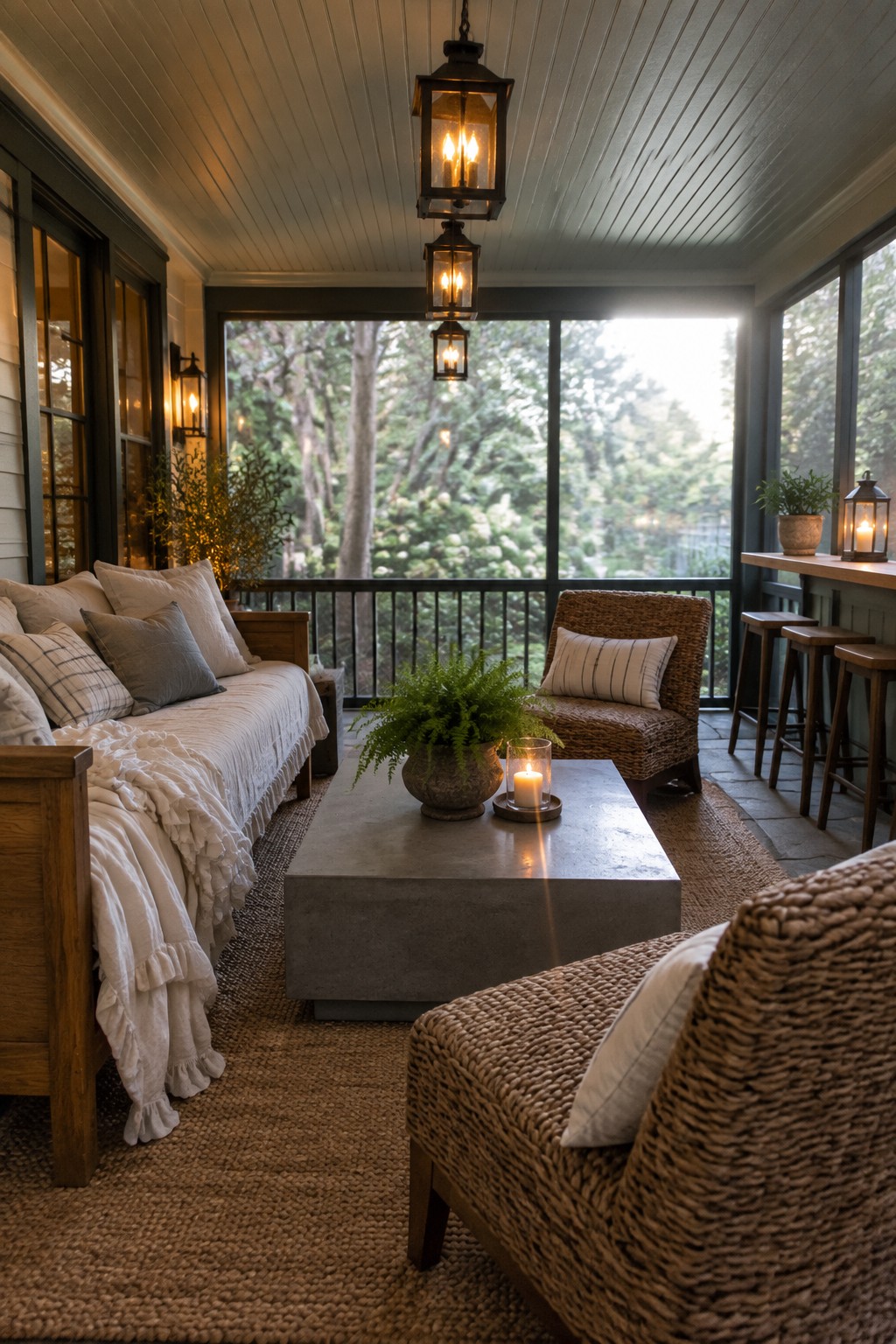 A covered porch with a large rectangular concrete coffee table at the center, surrounded by a wooden daybed with white bedding, two woven armchairs, hanging lanterns, and a potted fern on the table.