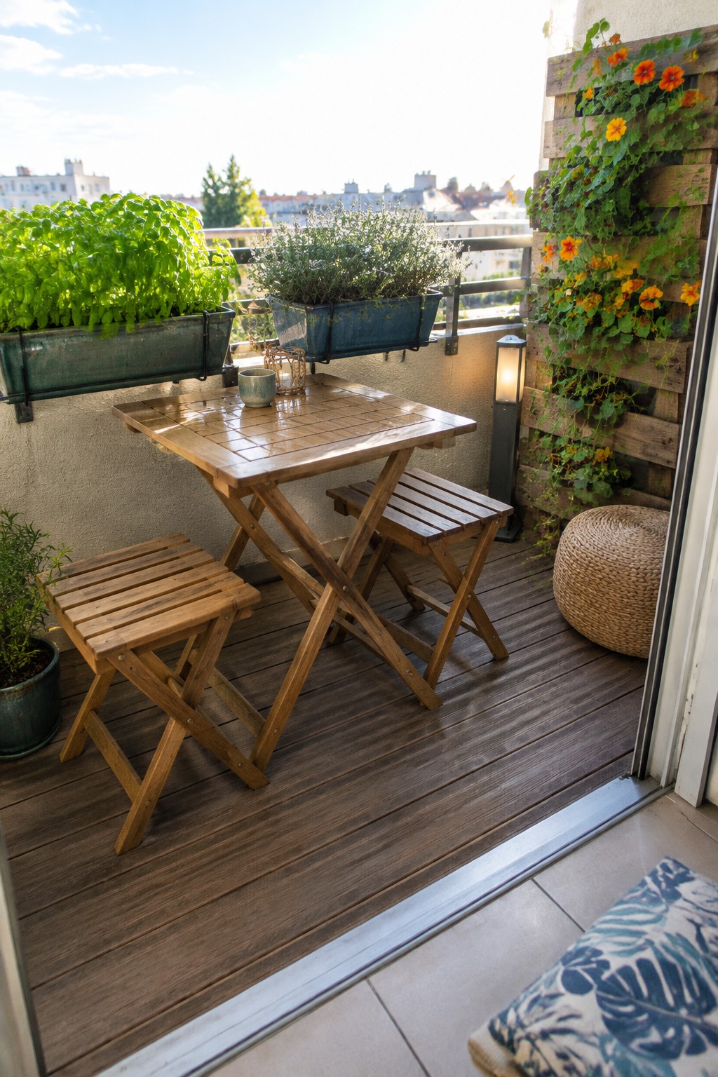 A wooden balcony with a foldable table and stools, several potted plants, and a vertical garden made from a pallet mounted on the wall filled with orange flowers and green vines.