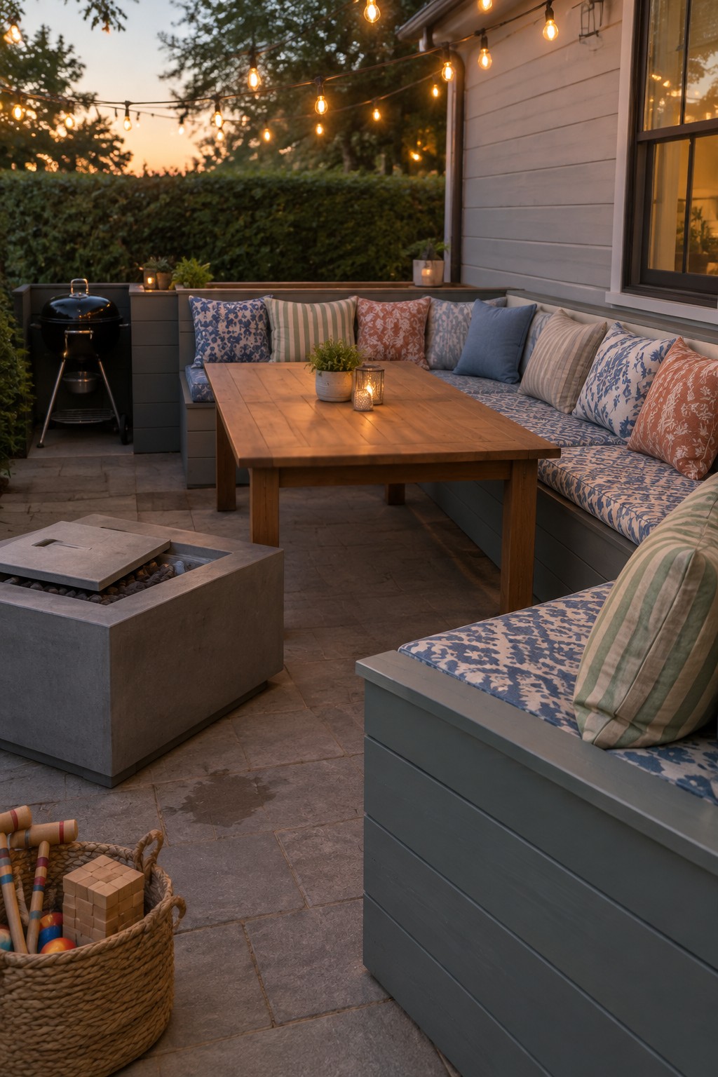 A patio at dusk with gray built-in benches holding patterned cushions around a wooden table, a concrete fire pit nearby, string lights overhead, and a basket of toys in the foreground.