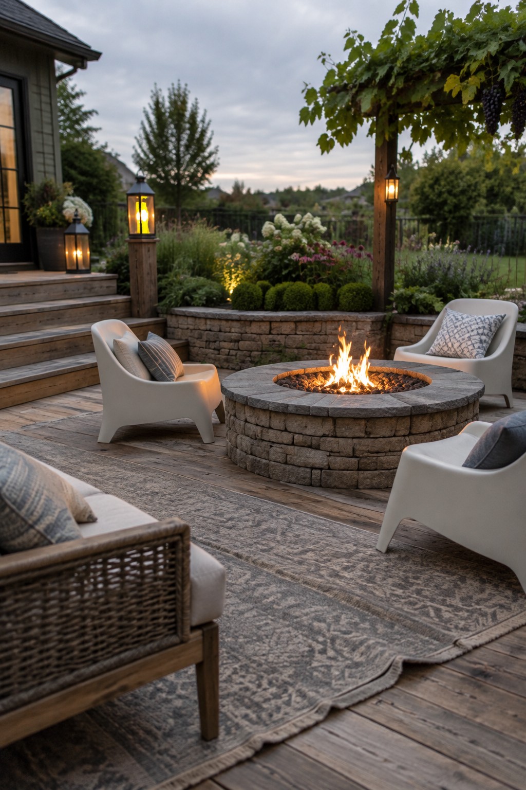 A wooden deck patio with a round stone fire pit, white outdoor chairs, a large patterned rug, and a wooden pergola at dusk.