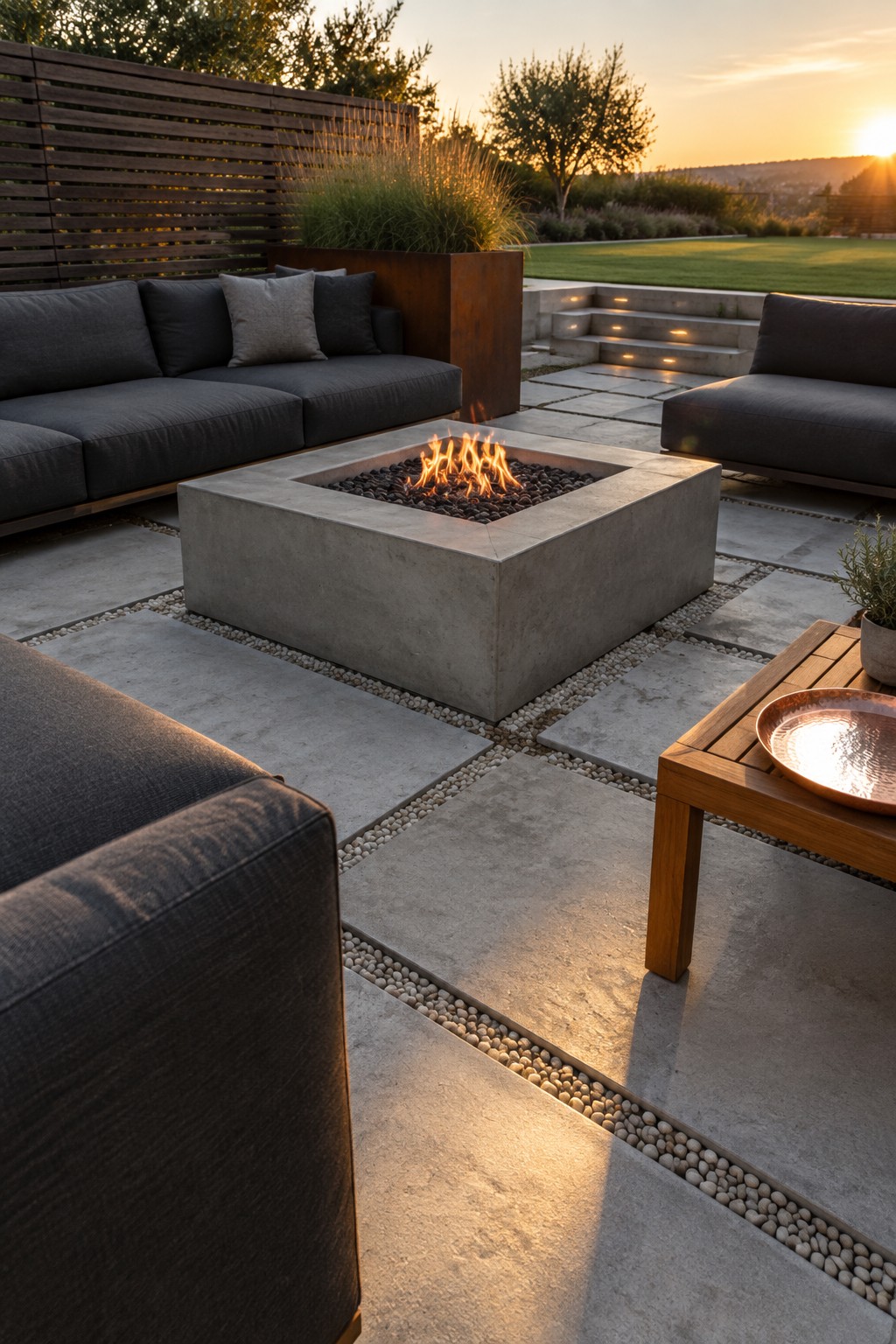 A square concrete fire pit with flames sits at the center of a stone patio, surrounded by dark gray outdoor sofas and pebble borders.