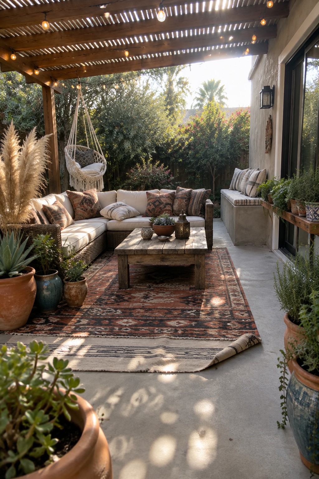 A covered patio features a large patterned area rug layered over concrete beneath a wooden sectional sofa, coffee table, and potted plants, with string lights overhead.