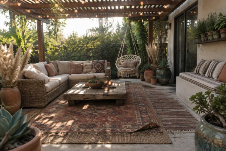 17 Easy DIY Patio Decorating Ideas for a Personalized Outdoor Retreat A covered patio features a large patterned area rug layered over concrete beneath a wooden sectional sofa, coffee table, and potted plants, with string lights overhead.