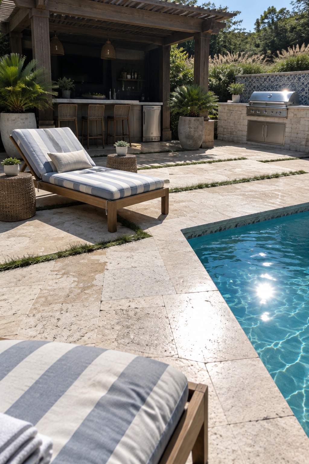 Stone patio with pool, wooden lounge chairs, blue striped cushions, and outdoor grill