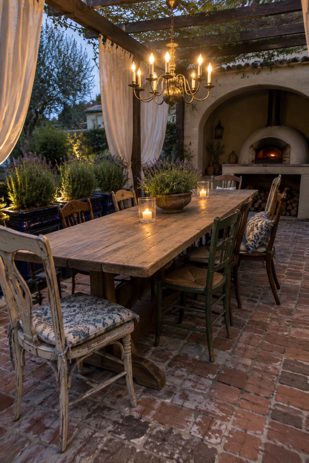 Rustic wooden table with lit chandelier and candles on brick patio by oven