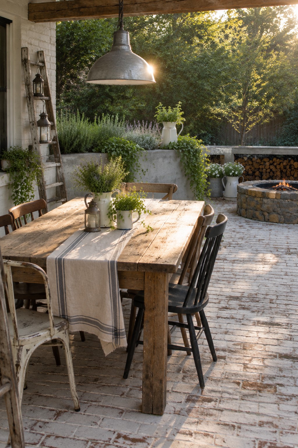A rustic wooden dining table with a striped runner and potted plants sits on a brick patio, surrounded by mismatched wooden and metal chairs, with a stone fire pit visible in the background.