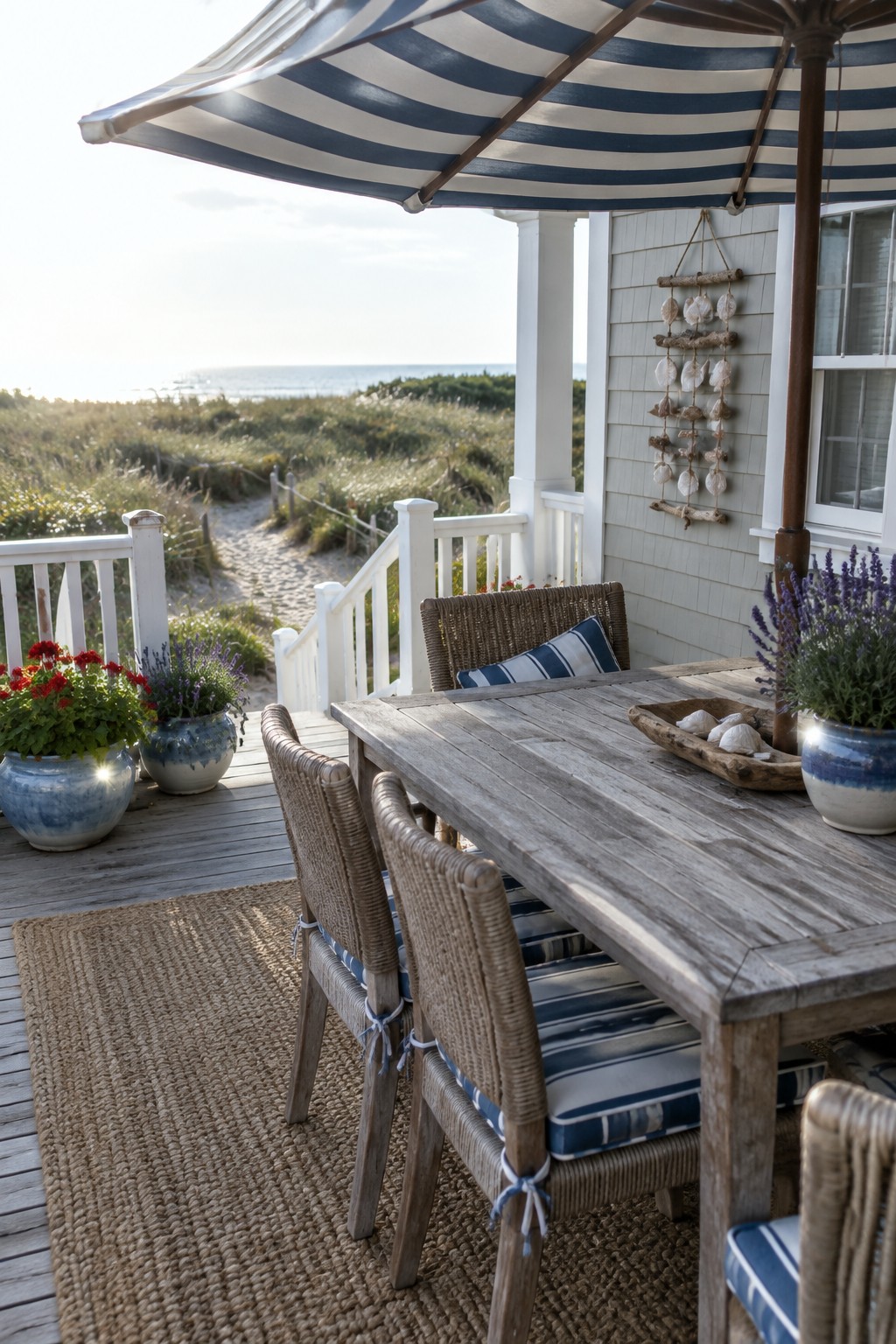 A wooden dining table with woven chairs sits under a blue and white striped umbrella on a deck, with potted plants and a coastal view in the background.