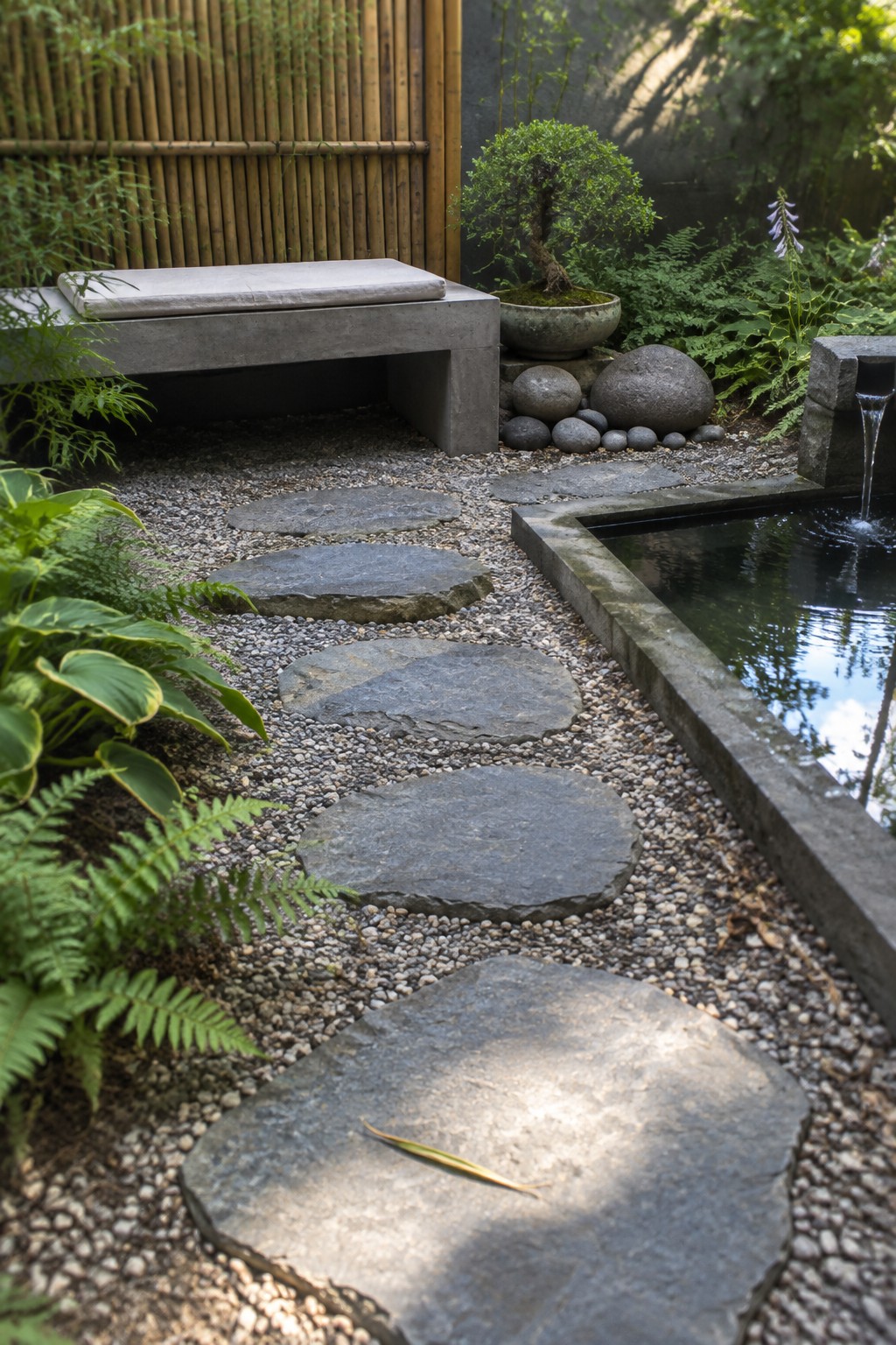 A garden path of large flat gray stepping stones set in gravel leads past a concrete bench and green plants toward a small pond with a bamboo screen behind it.