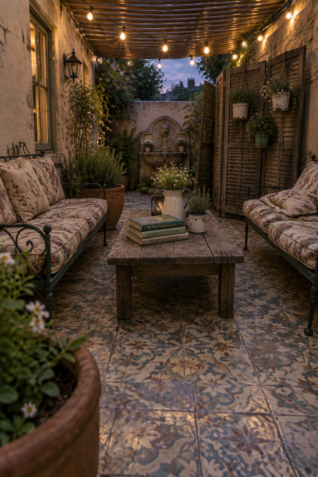 A patio with two floral cushioned sofas facing a wooden coffee table, string lights strung overhead, potted plants, and a stone fountain visible in the background.