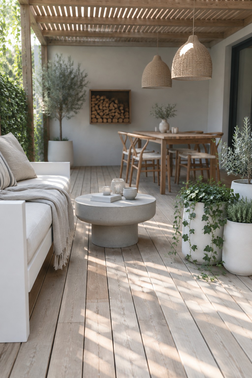 A wooden deck patio under a slatted pergola shows a white lounge sofa with a round concrete coffee table on the left and a wooden dining table with chairs further back, along with hanging woven lights and white planters holding greenery.