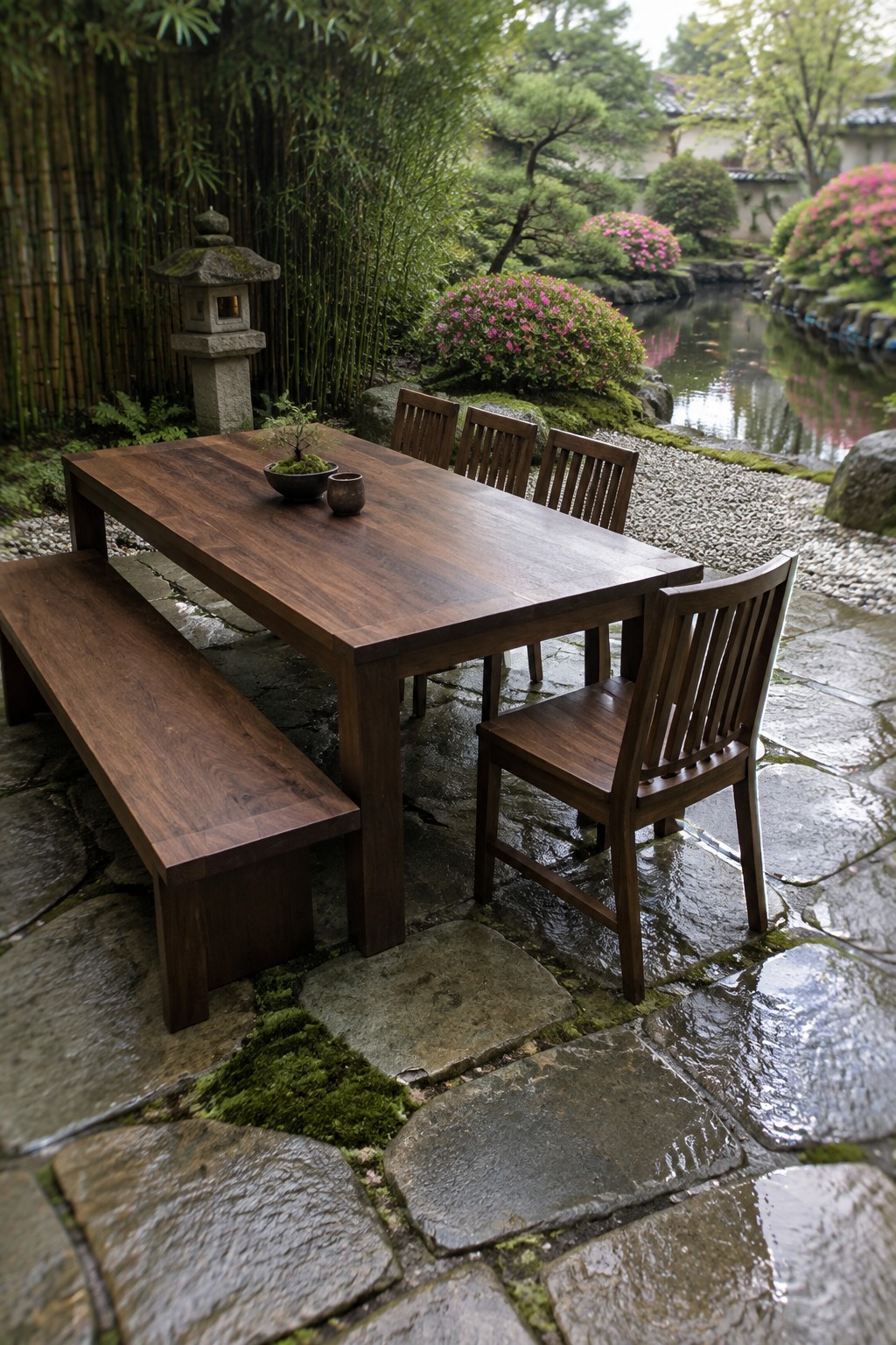 Wooden table with bench and chairs on wet stones by Japanese garden pond