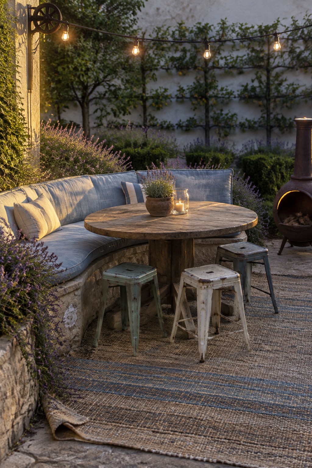 A round wooden table with a potted plant and candle sits on a woven rug beside a curved blue cushioned bench, several distressed metal stools, string lights, and a metal fire pit in a garden patio setting.